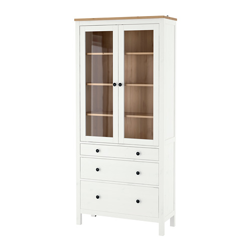 HEMNES - 玻璃門櫃/3抽, 染白色/淺棕色, 90x198 公分 | IKEA 線上購物 - PE769478_S4