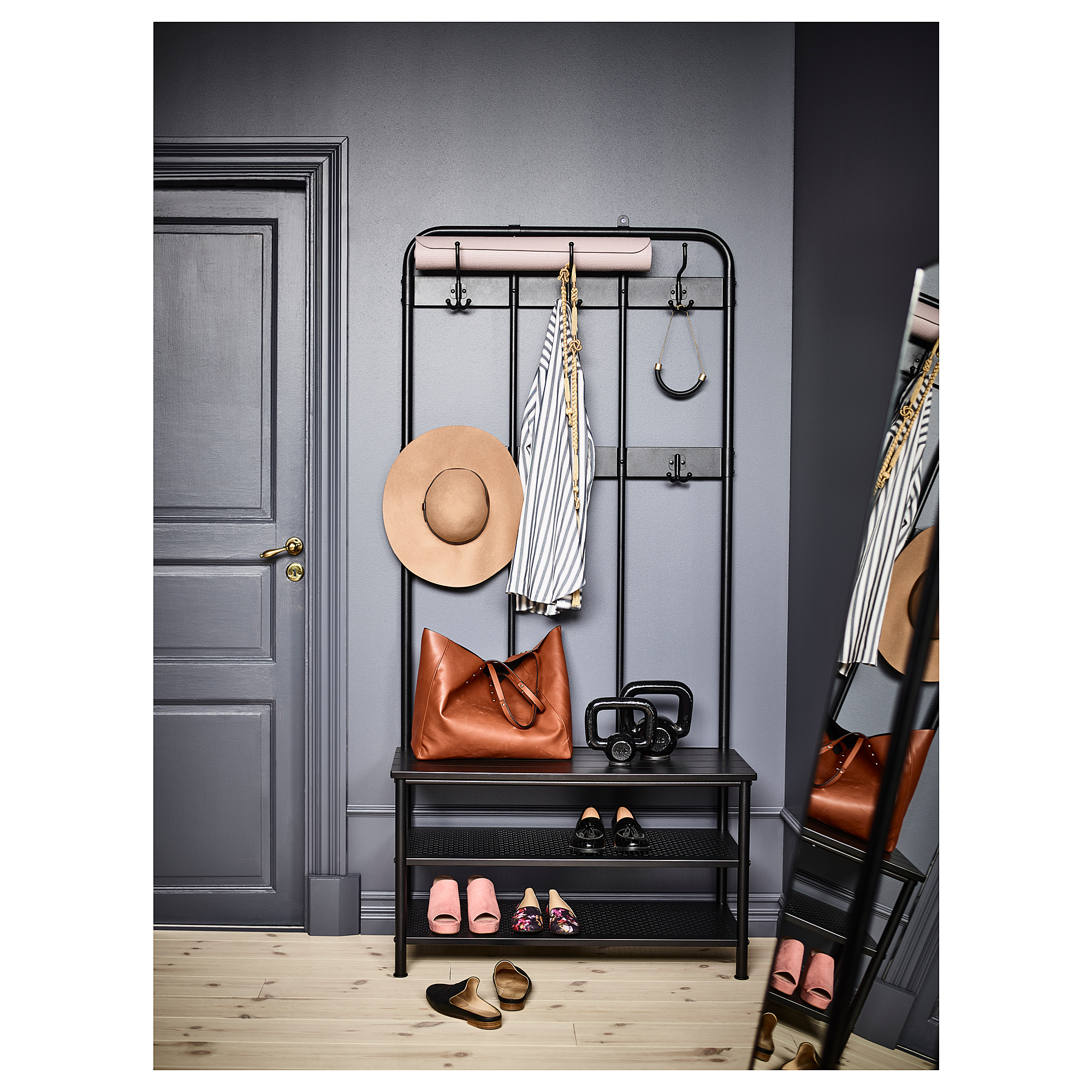 PINNIG coat rack with shoe storage bench