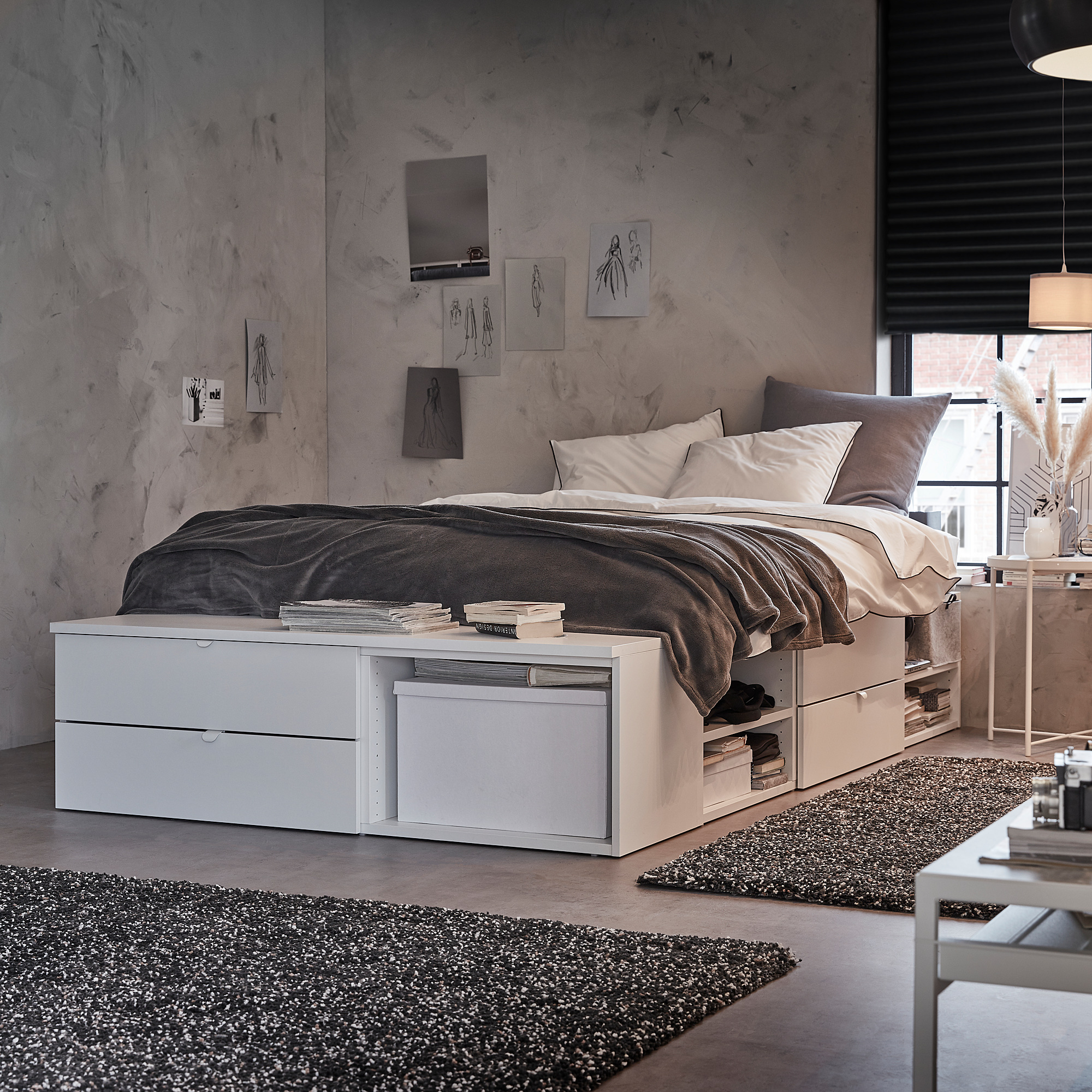 Platsa 小型雙人床框 白色 附床板條底座 4件抽屜 Ikea 線上購物