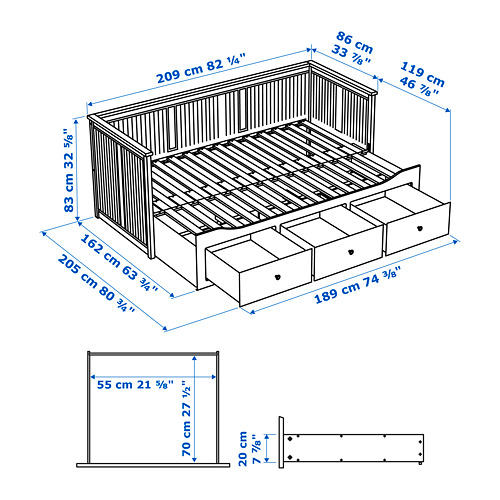 HEMNES 坐臥兩用床框/3抽