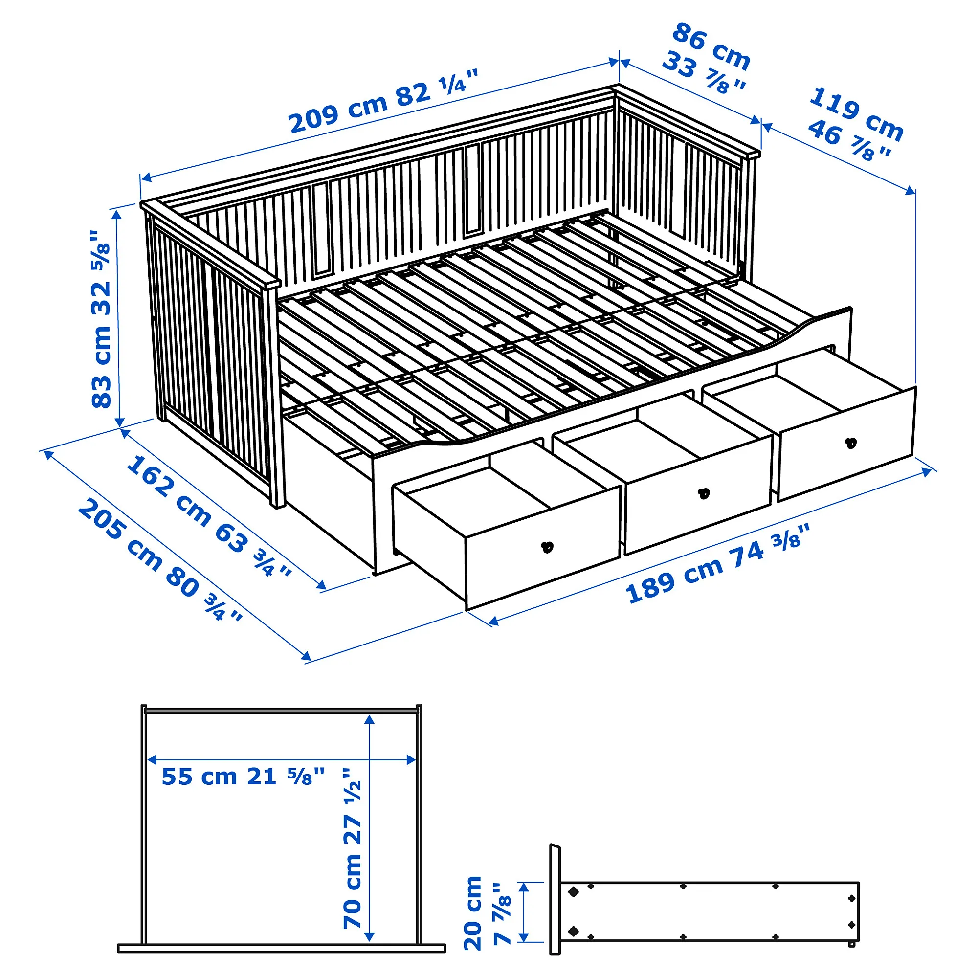 HEMNES 坐臥兩用床框附三個床底收納盒