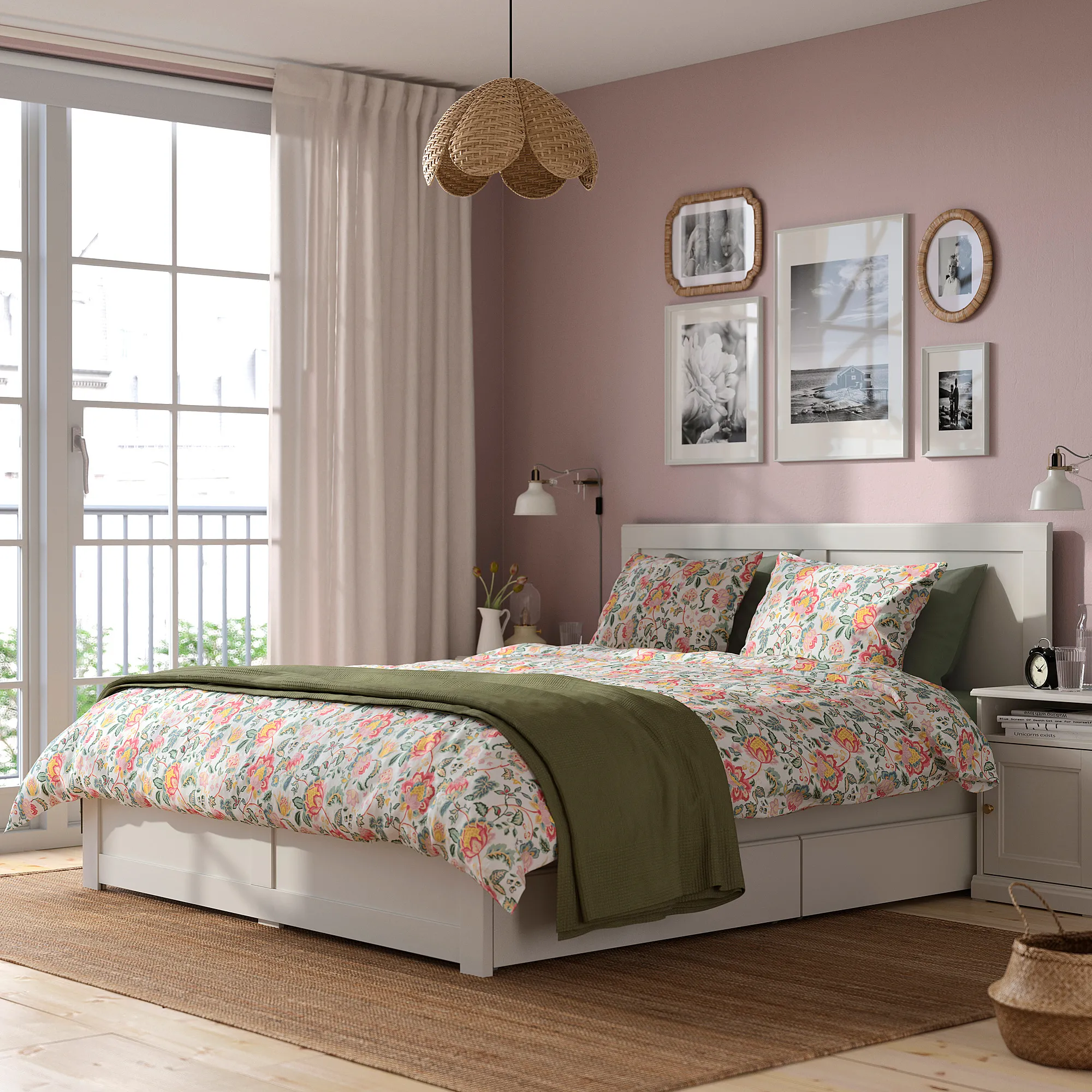 FÅGELFJÄLLET bed frame with 4 storage boxes