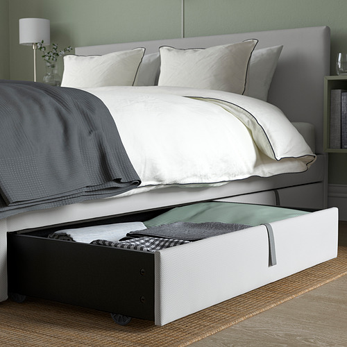 GLADSTAD upholstered bed, 4 storage boxes