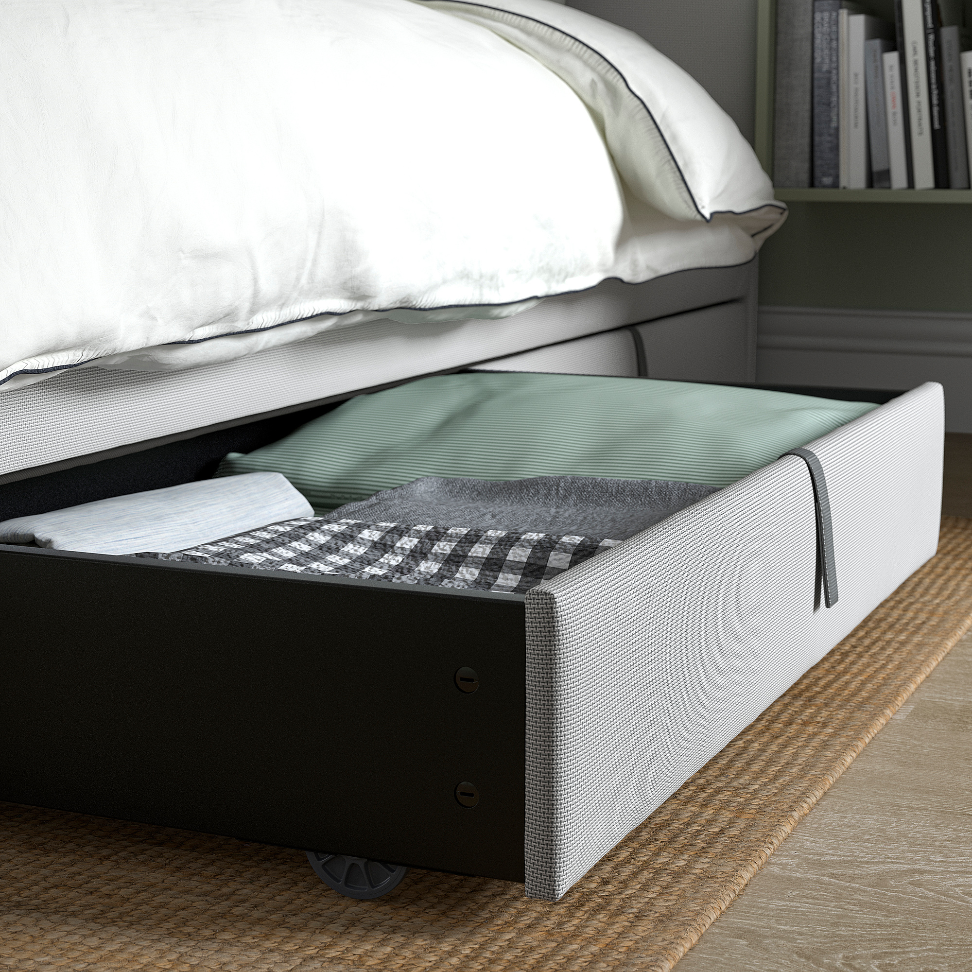 GLADSTAD upholstered bed, 4 storage boxes