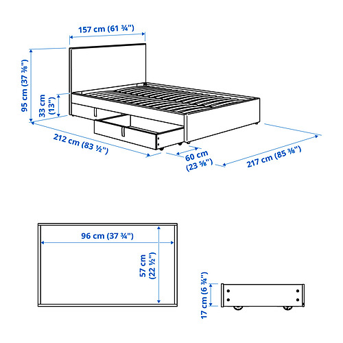 GLADSTAD upholstered bed, 2 storage boxes