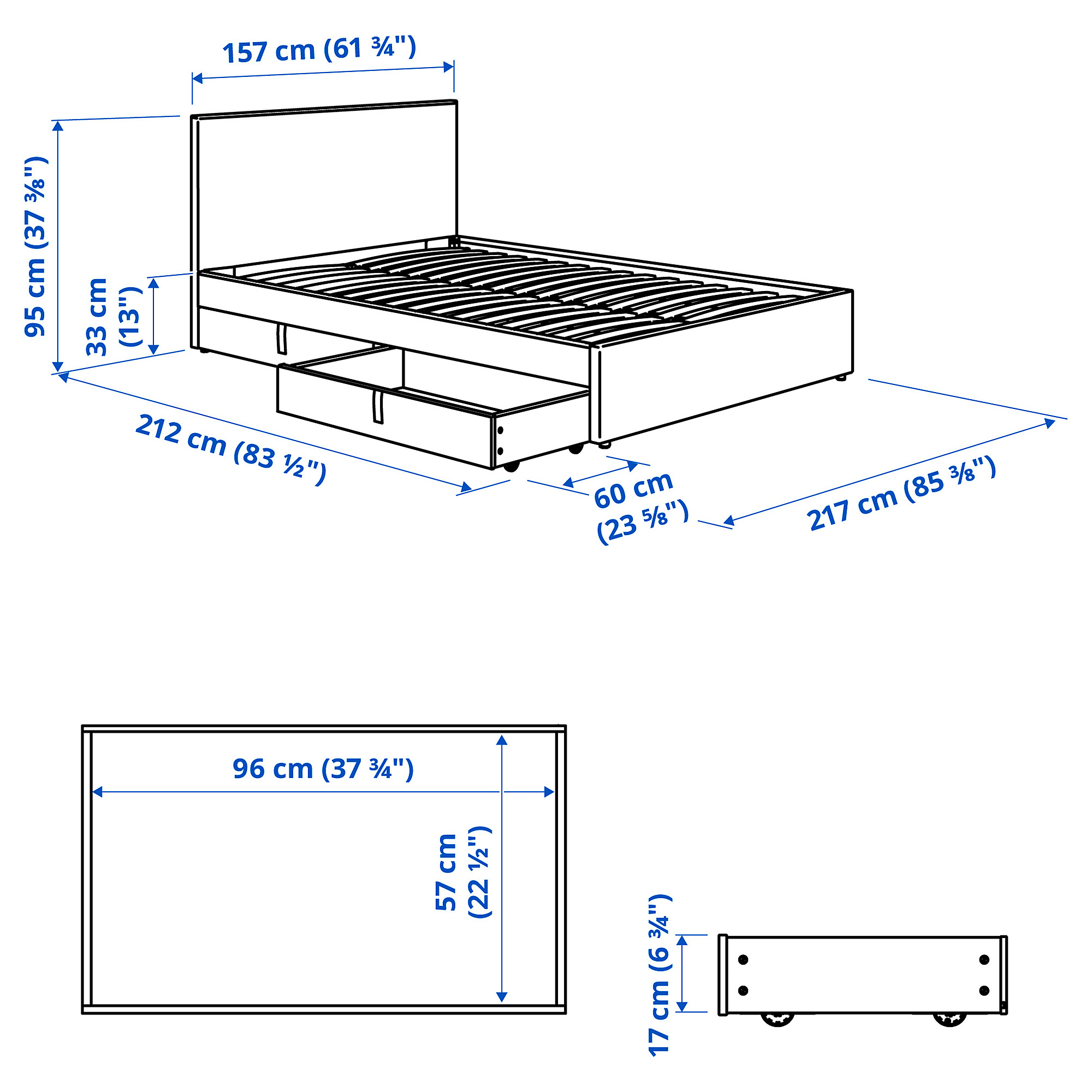 GLADSTAD upholstered bed, 2 storage boxes