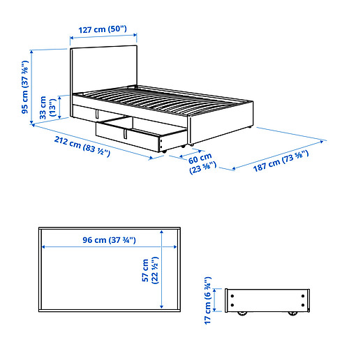 GLADSTAD upholstered bed, 2 storage boxes