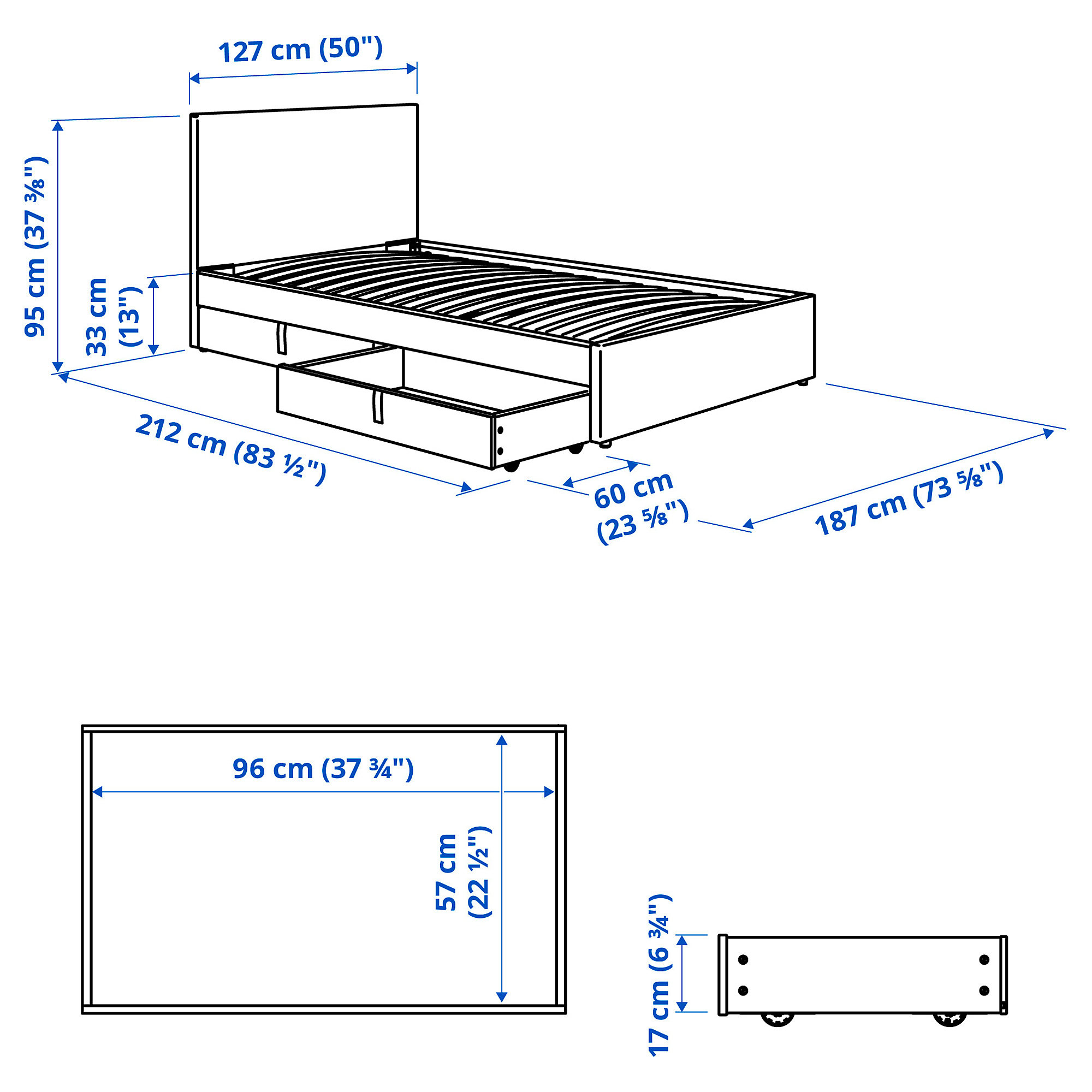 GLADSTAD upholstered bed, 2 storage boxes