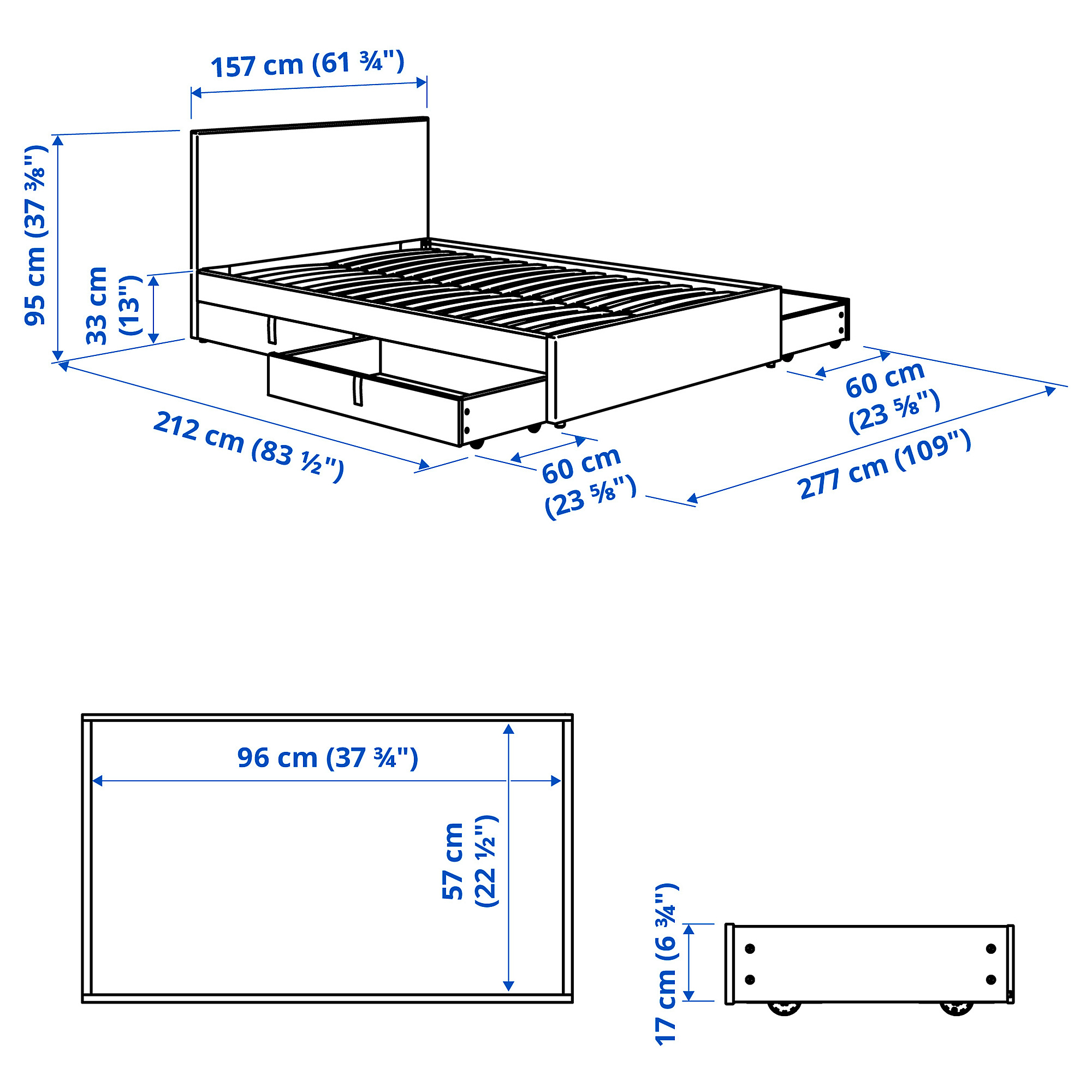 GLADSTAD upholstered bed, 4 storage boxes