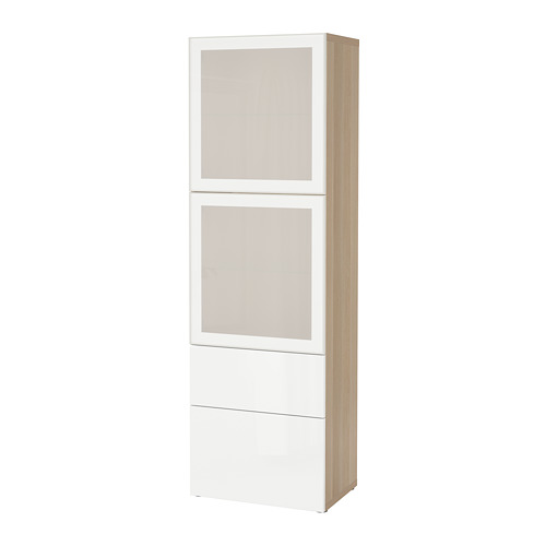 BESTÅ - storage combination w glass doors, white stained oak effect/Selsviken high-gloss/white frosted glass | IKEA Taiwan Online - PE731983_S4