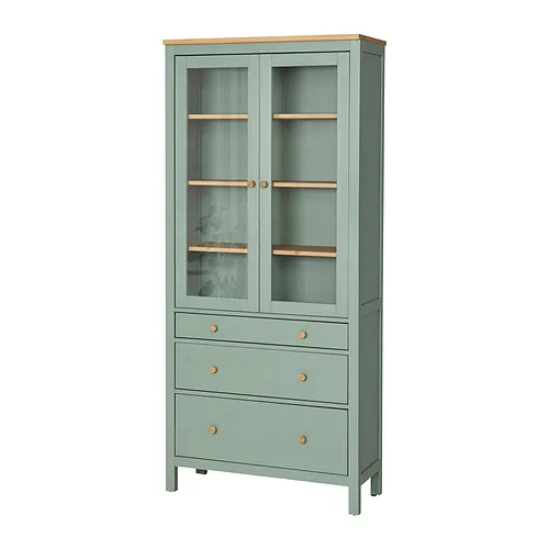 HEMNES - 玻璃門櫃/3抽, 灰綠色/淺棕色, 90x197 公分 | IKEA 線上購物 - PE977587_S4