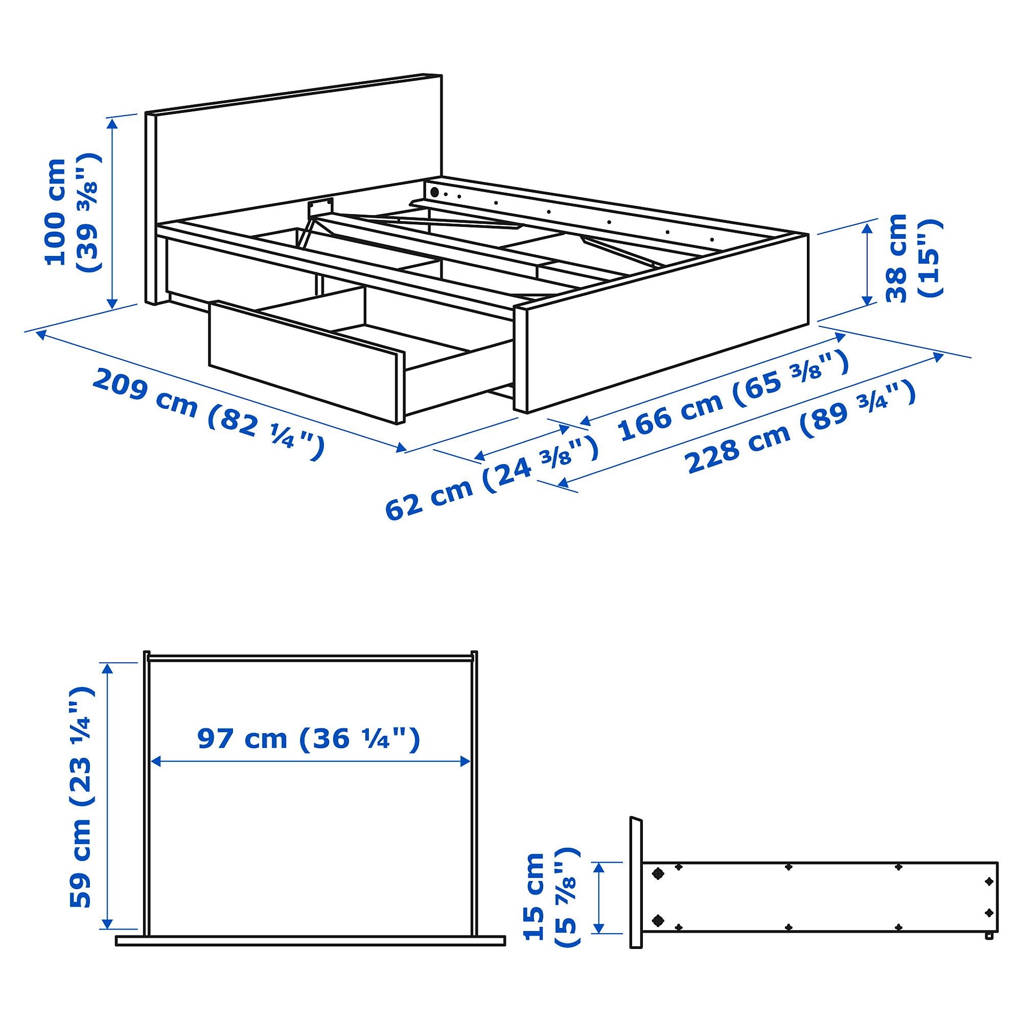 MALM bed frame, high, w 2 storage boxes