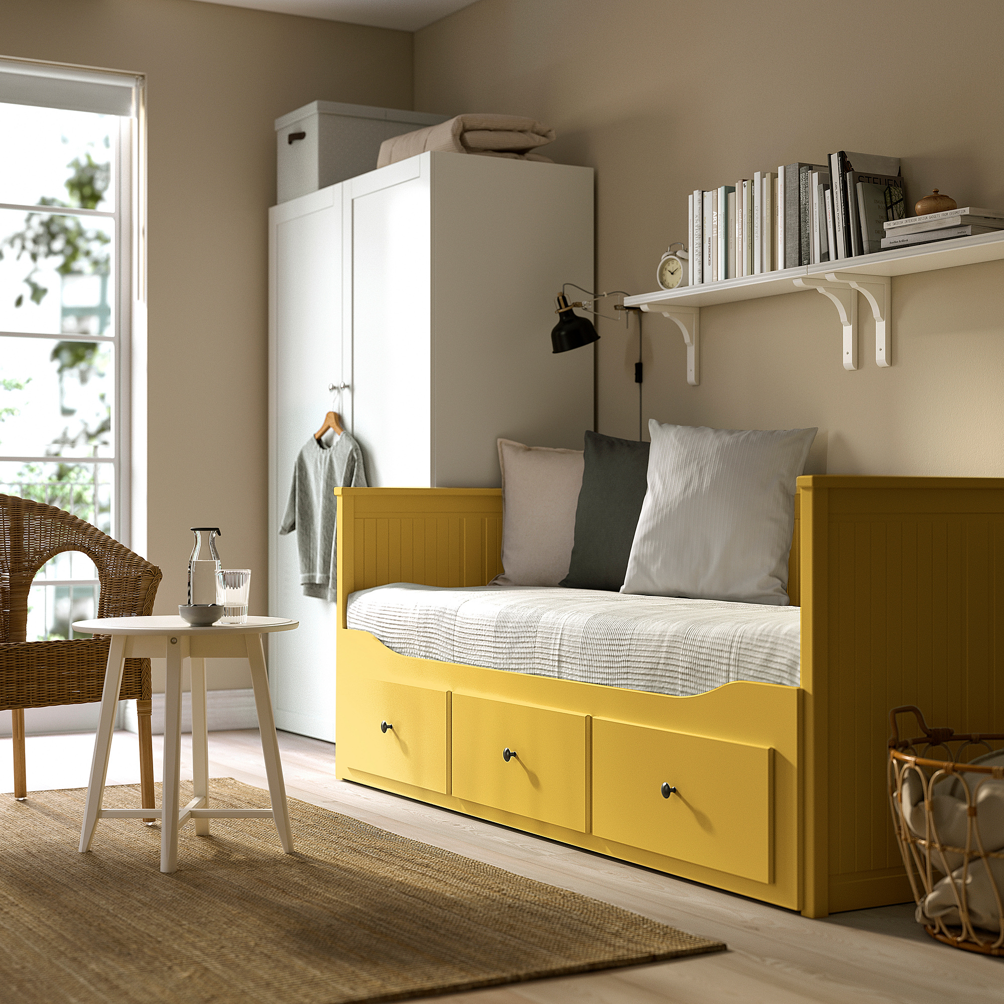 HEMNES 坐臥兩用床/3床底收納盒/2床墊