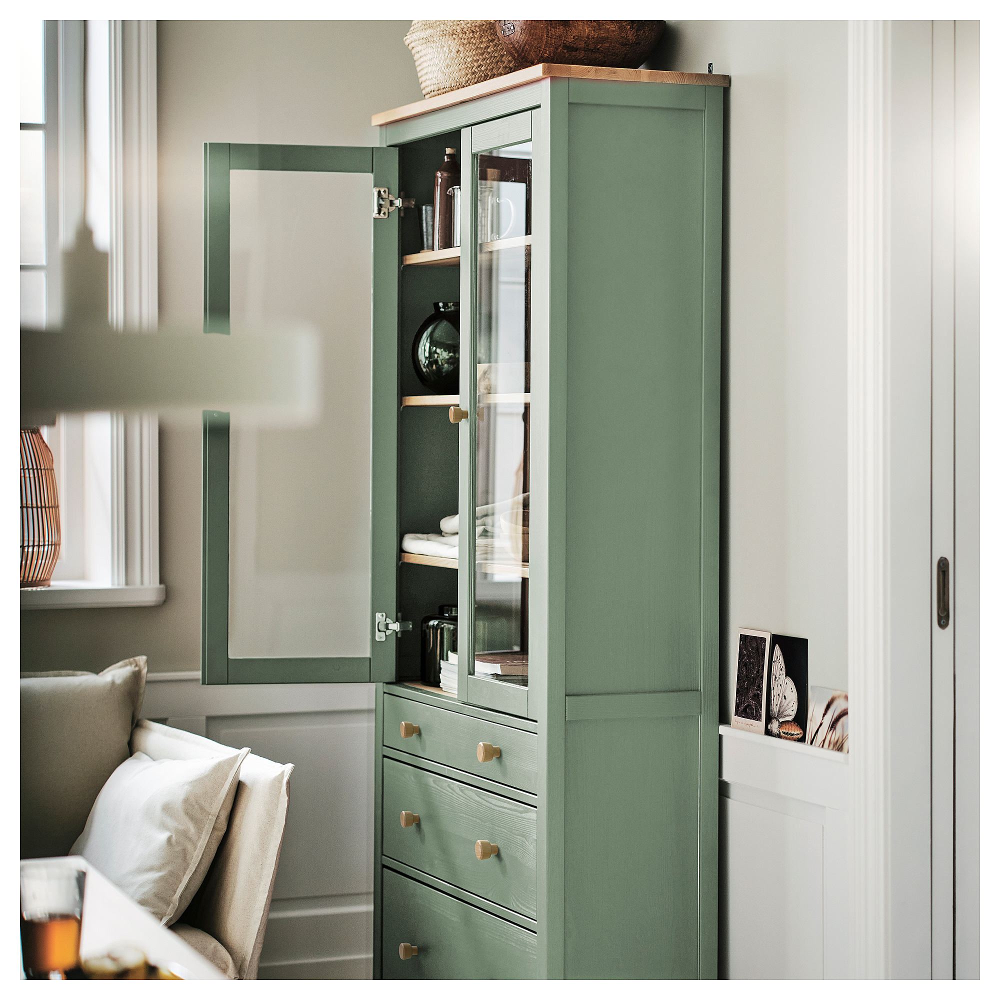 HEMNES glass-door cabinet with 3 drawers