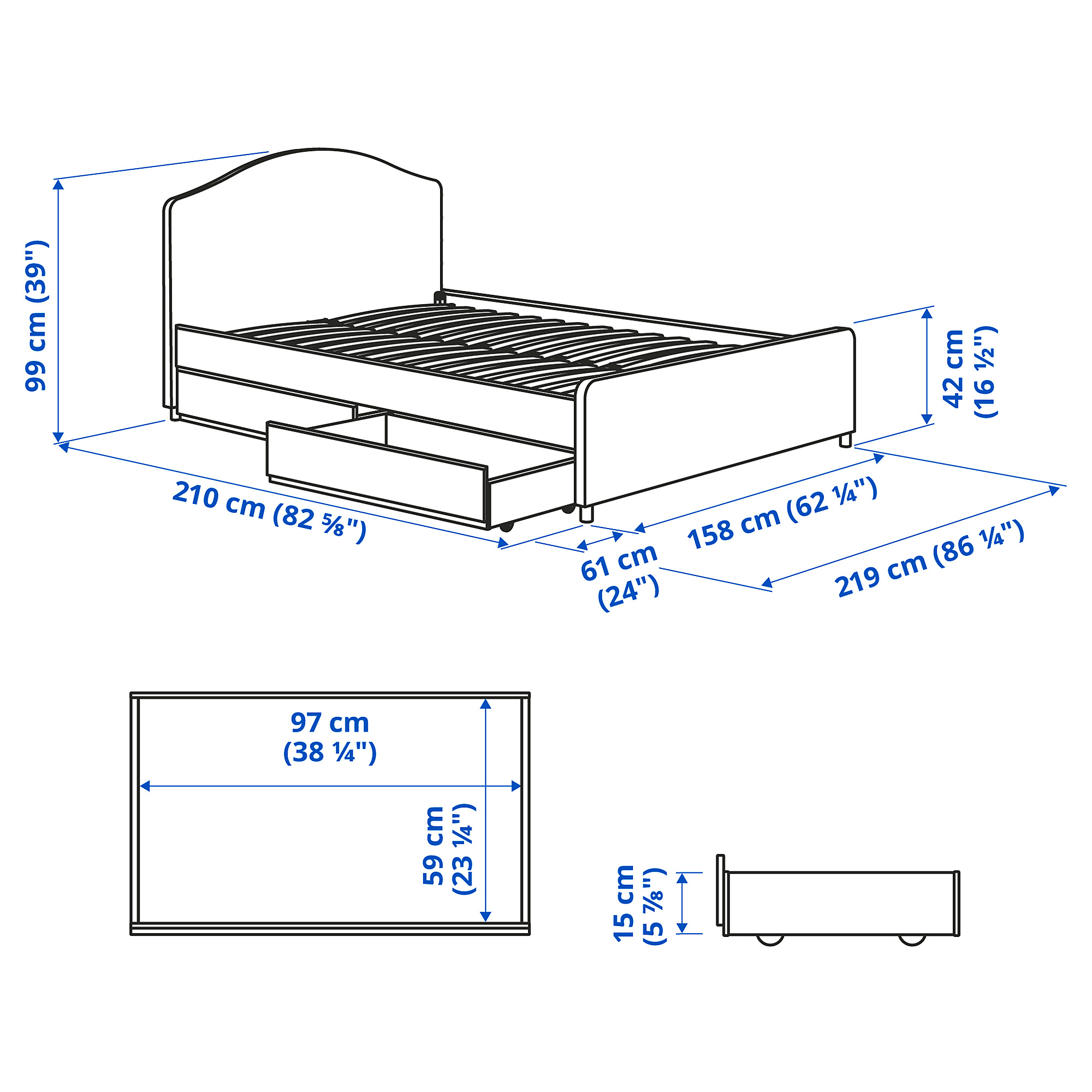 HAUGA upholstered bed, 2 storage boxes