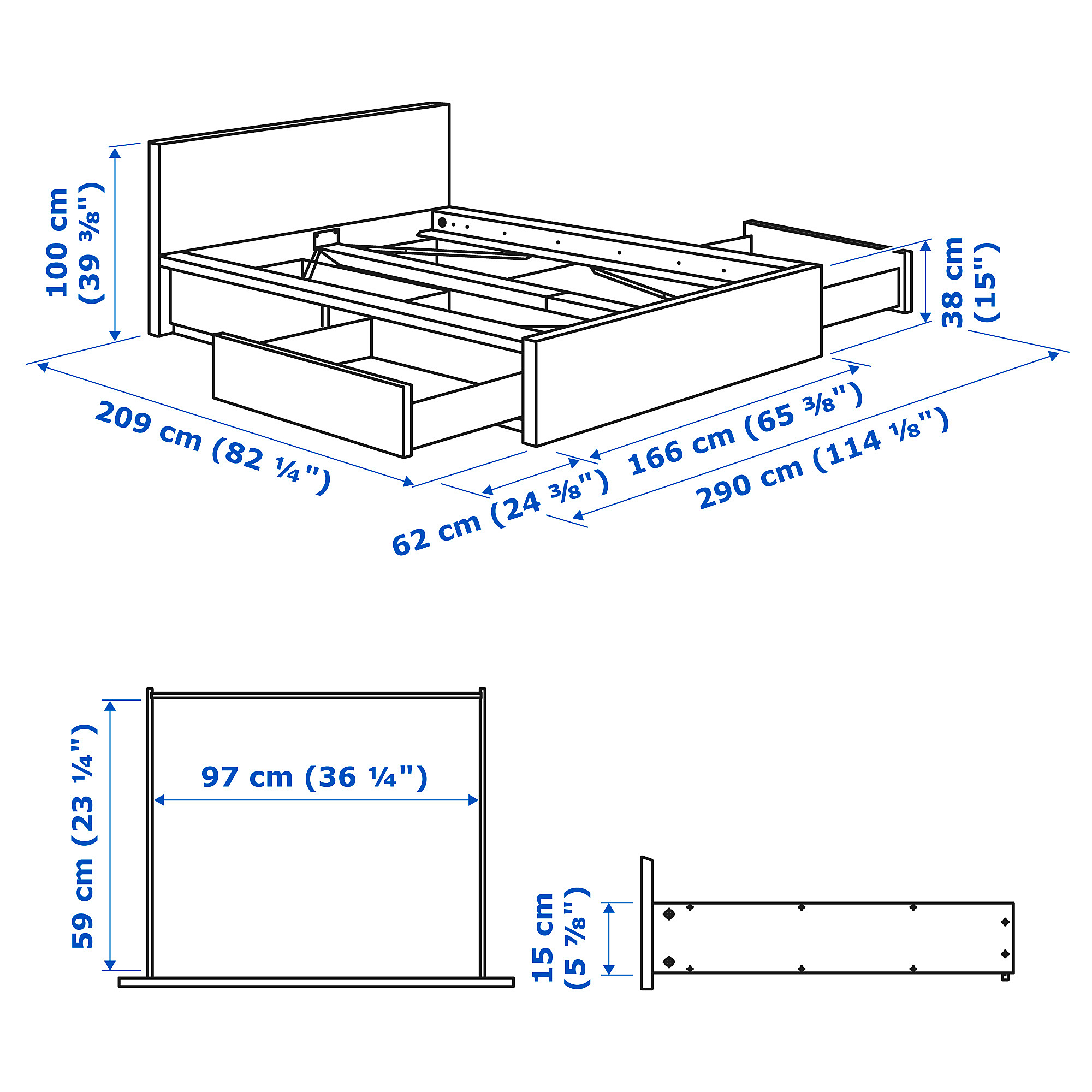 MALM bed frame, high, w 4 storage boxes