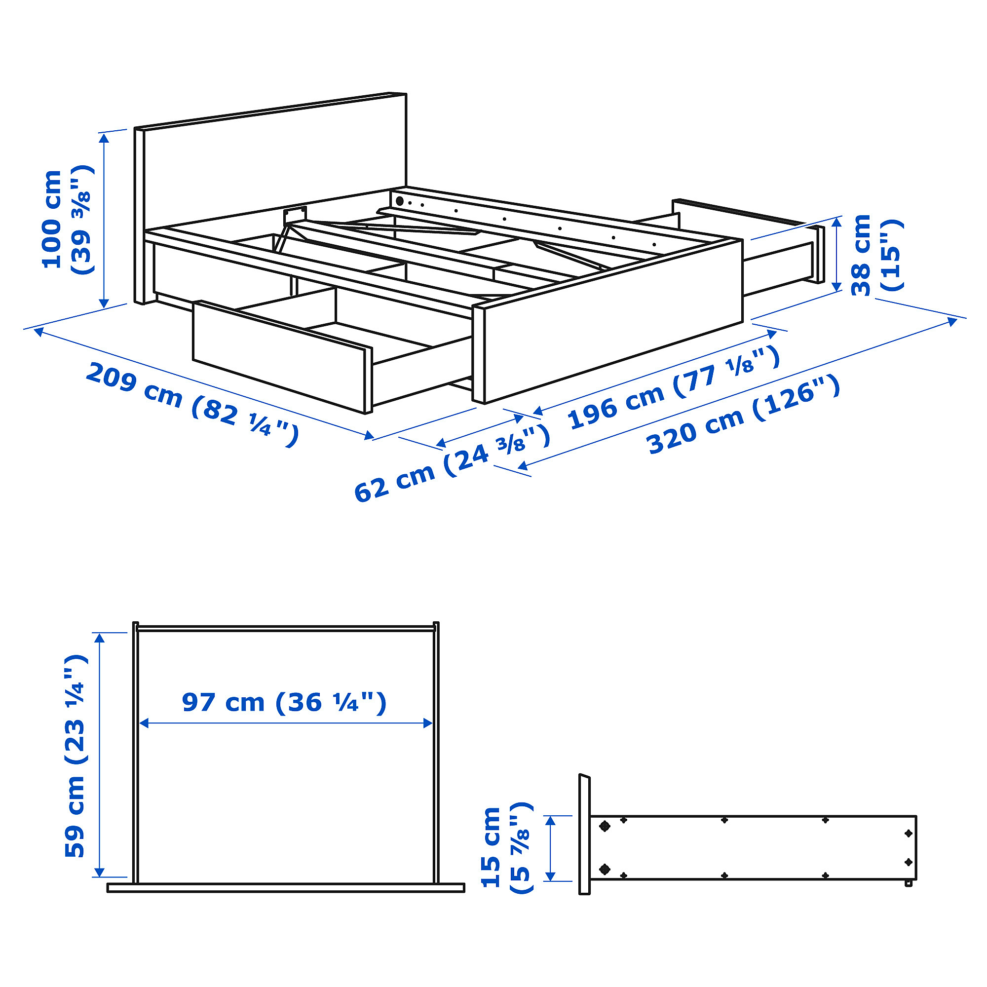 MALM bed frame, high, w 4 storage boxes