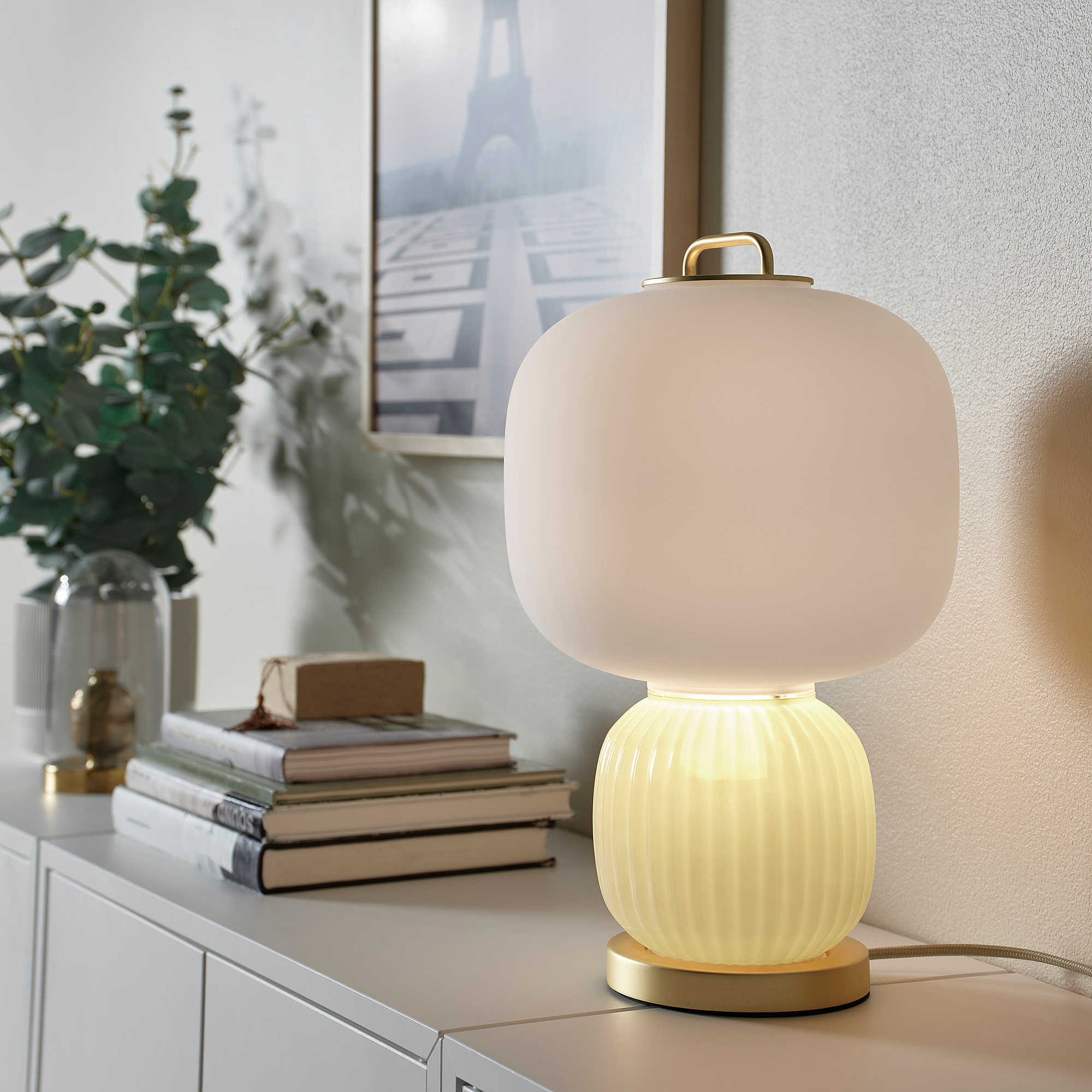 PILBLIXT table lamp, white/light green glass/gold effect metal, 41 cm