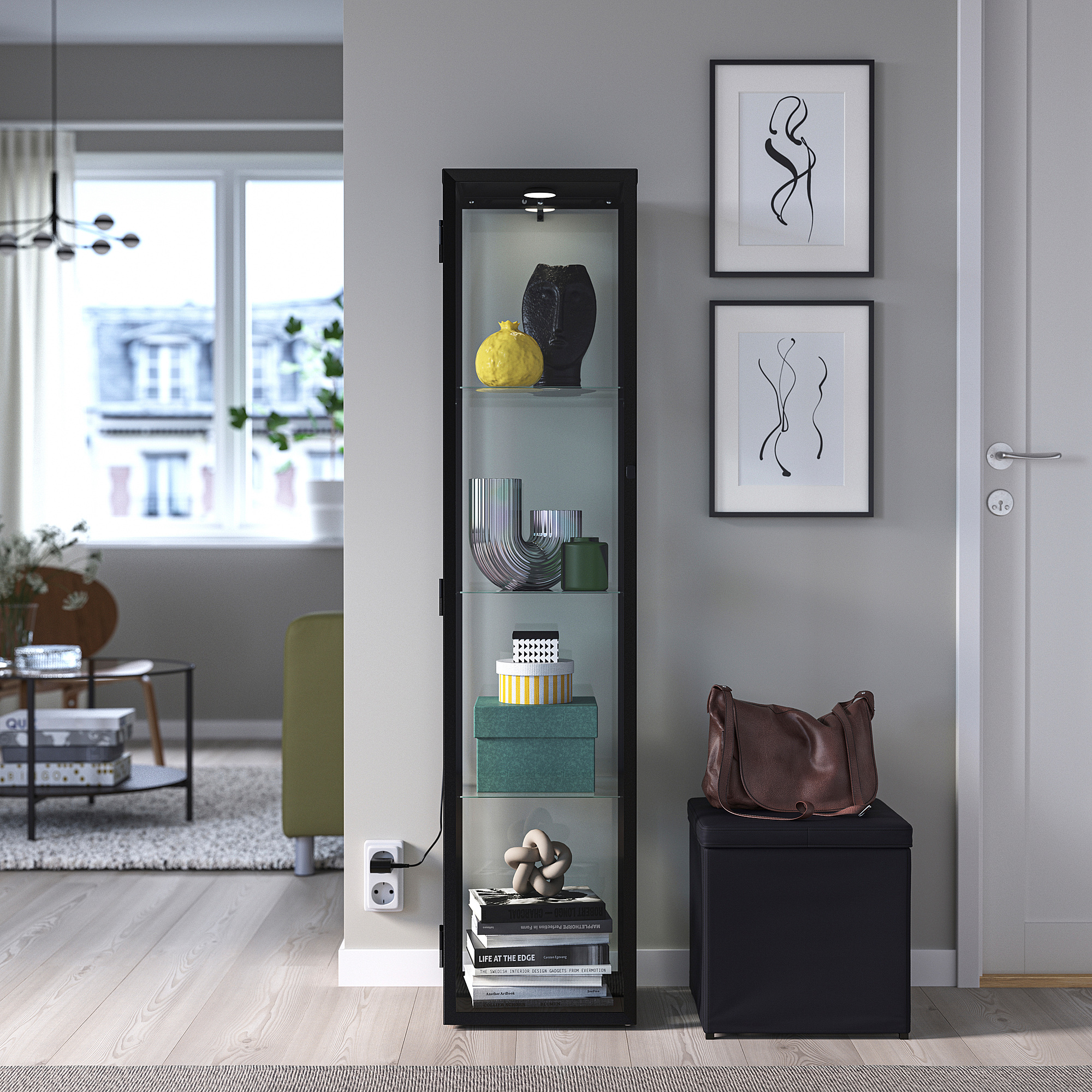 BLÅLIDEN/STRIMSÄV glass-door cabinet with lighting