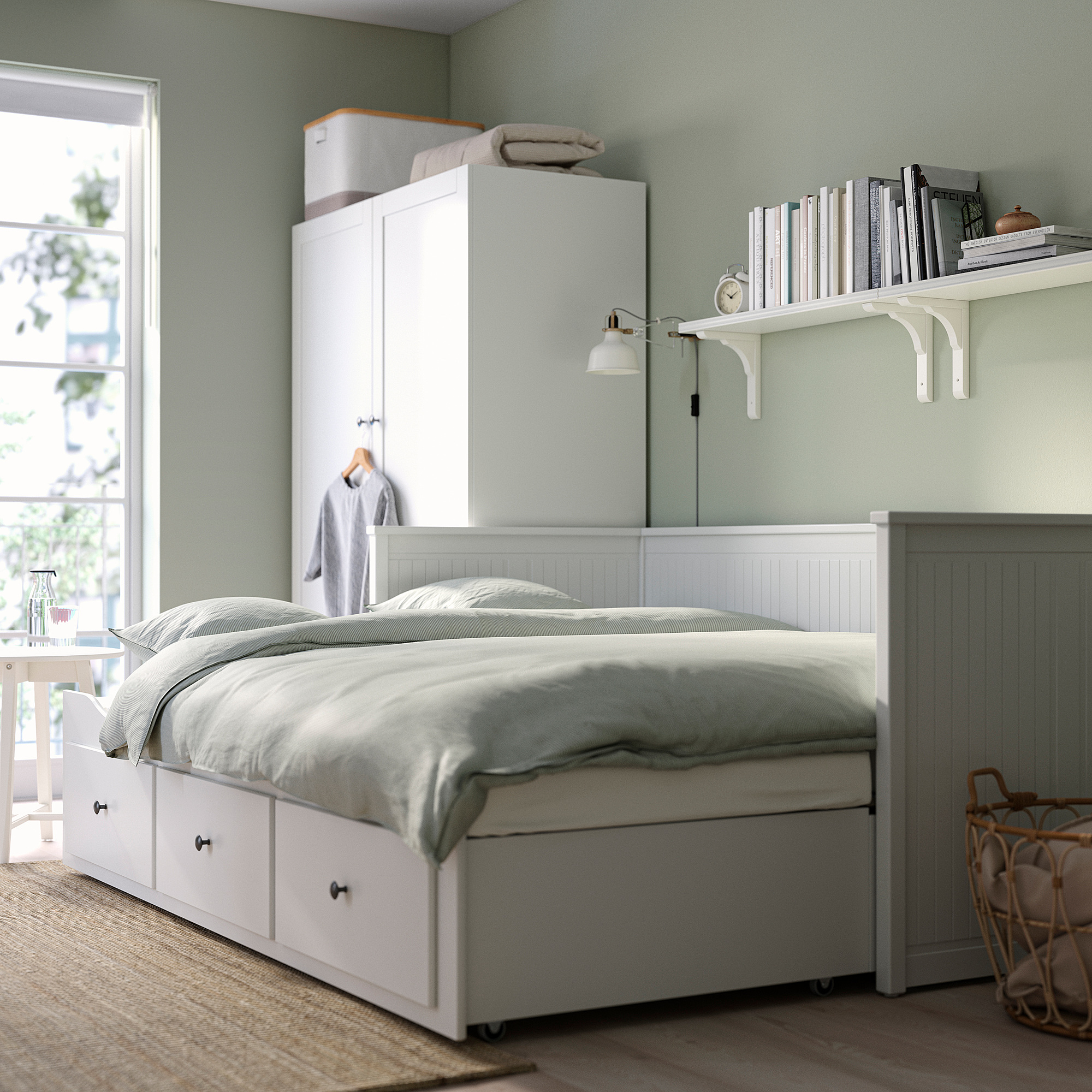 HEMNES 坐臥兩用床/3床底收納盒/2床墊