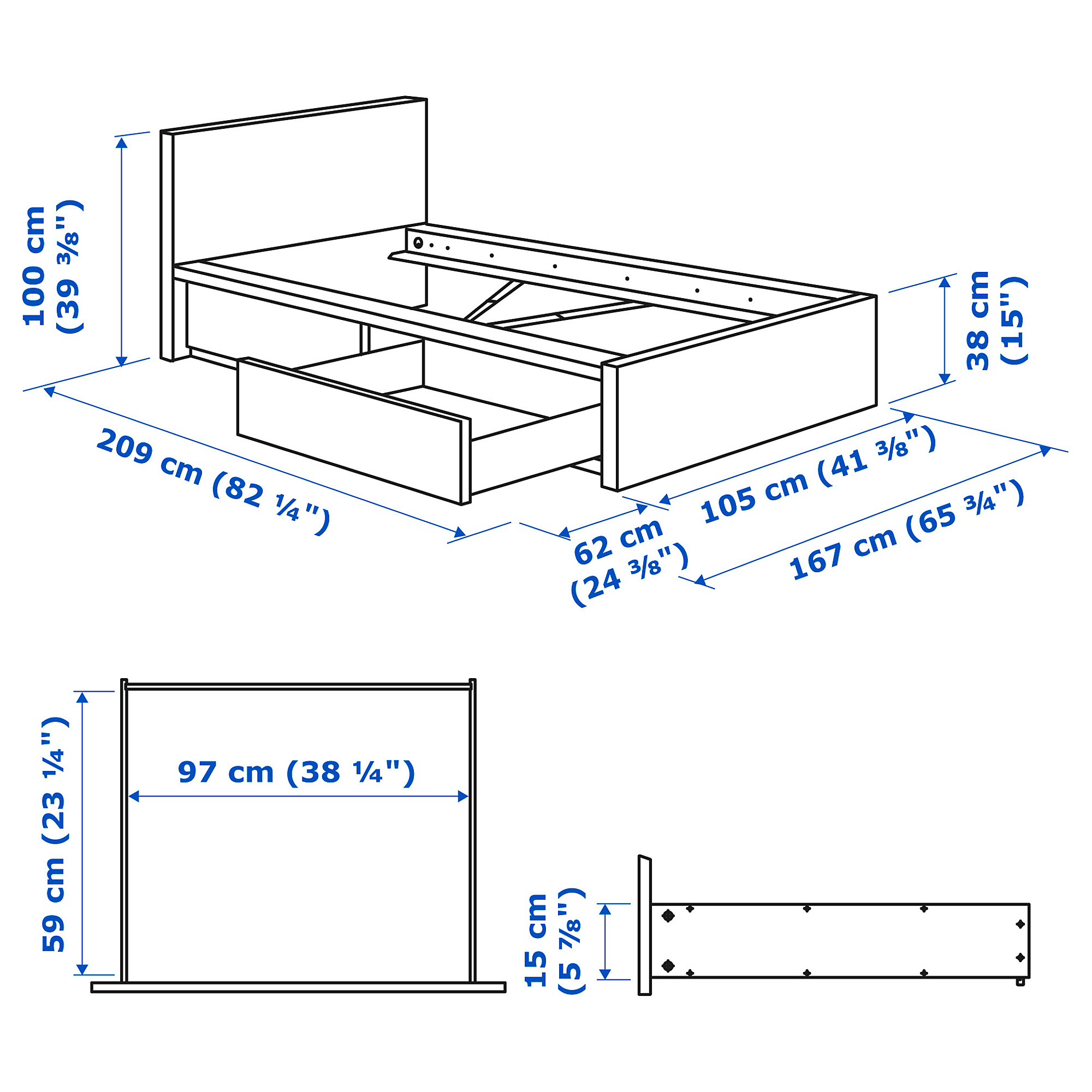 MALM bed frame, high, w 2 storage boxes