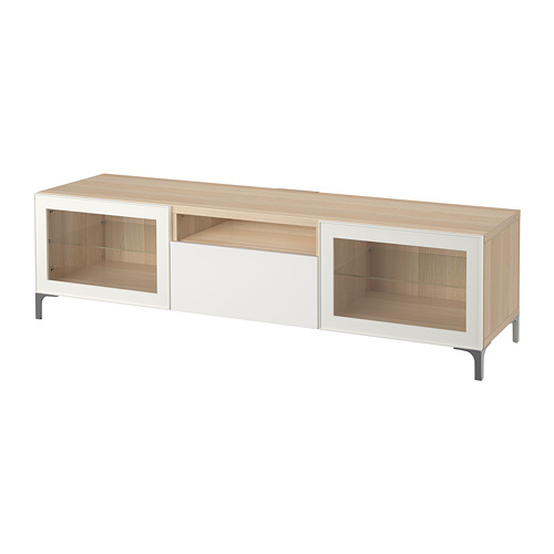 BESTÅ - TV bench, white stained oak effect/Selsviken high-gloss/white clear glass | IKEA Taiwan Online - PE701663_S4