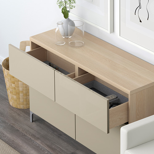 BESTÅ - storage combination w doors/drawers, white stained oak effect/Selsviken high-gloss/beige | IKEA Taiwan Online - PE591373_S4