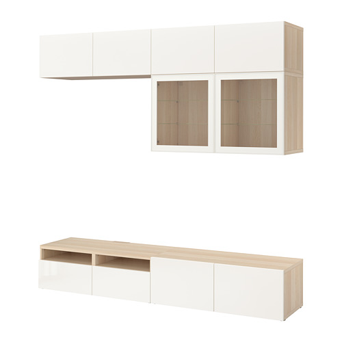 BESTÅ - TV storage combination/glass doors, white stained oak effect/Selsviken high-gloss/white clear glass | IKEA Taiwan Online - PE703093_S4
