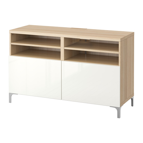 BESTÅ - TV bench with doors, white stained oak effect/Selsviken/Nannarp high-gloss/white, 120x42x74 cm | IKEA Taiwan Online - PE536047_S4