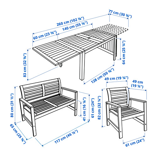 ÄPPLARÖ - table+2 chrsw armr+ bench, outdoor, brown stained | IKEA Taiwan Online - PE798427_S4