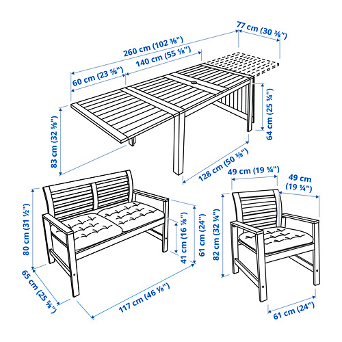 ÄPPLARÖ - table+2 chrsw armr+ bench, outdoor, brown stained/Kuddarna grey | IKEA Taiwan Online - PE798405_S4