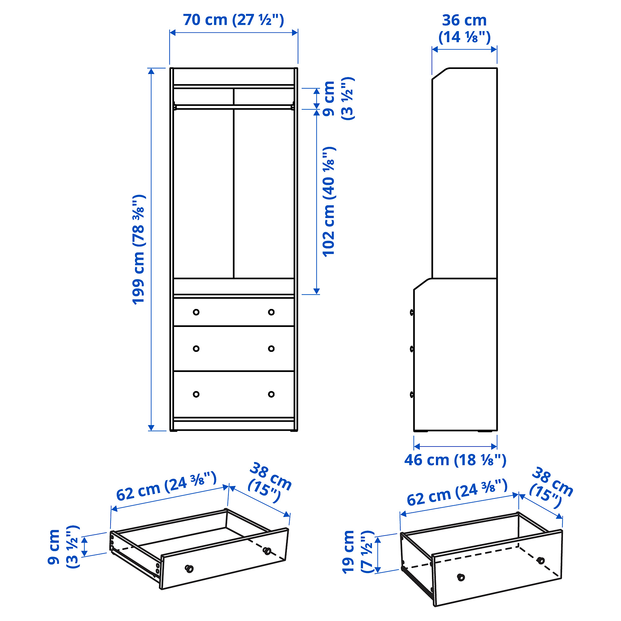 HAUGA open wardrobe with 3 drawers