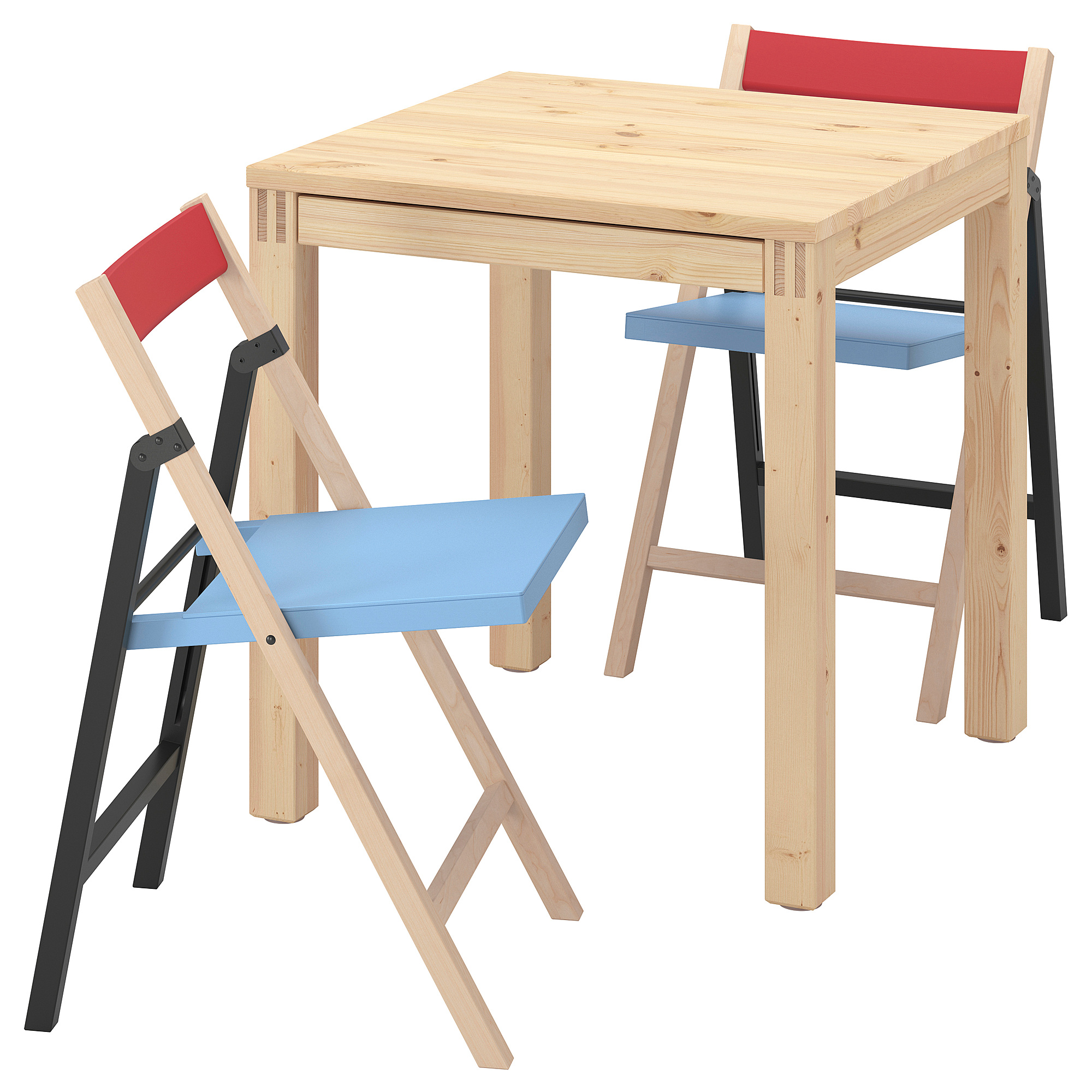 IKEA PS 2026 - table and 2 folding chairs, pine/blue/black red