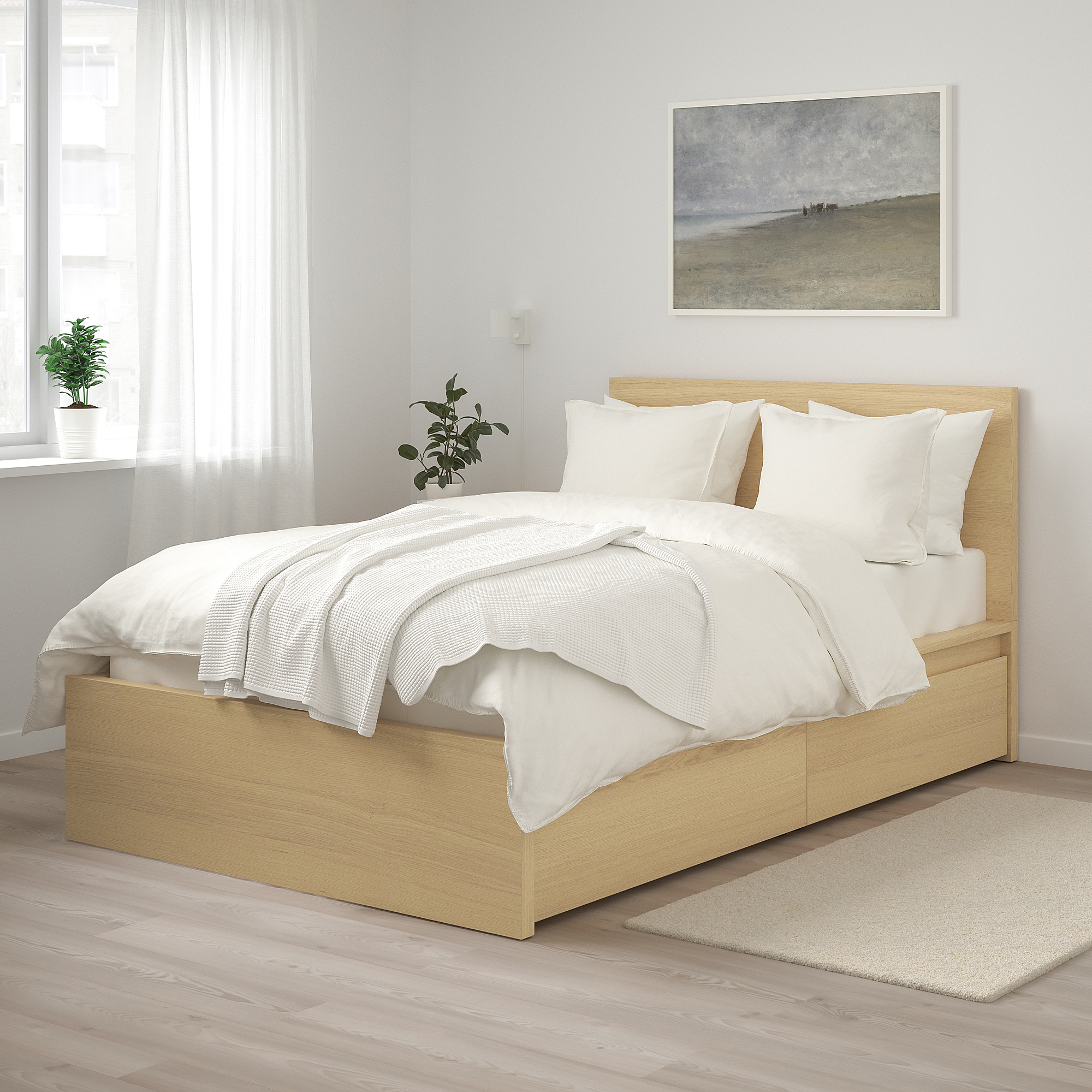 MALM bed frame, high, w 2 storage boxes