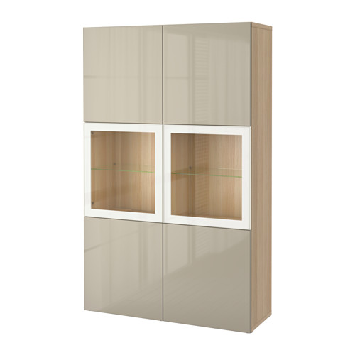 BESTÅ - storage combination w glass doors, white stained oak effect/Selsviken high-gloss/beige clear glass | IKEA Taiwan Online - PE535147_S4
