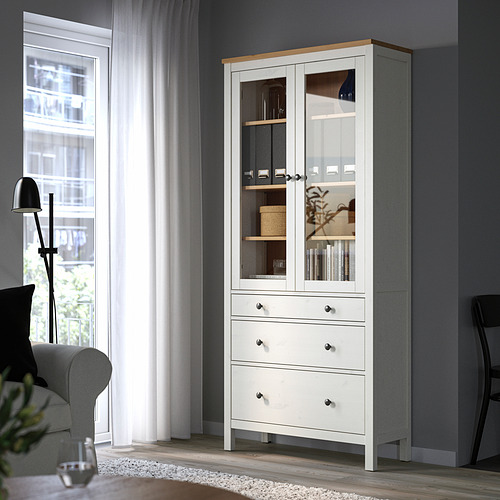 HEMNES - 玻璃門櫃/3抽, 染白色/淺棕色 | IKEA 線上購物 - PE845952_S4