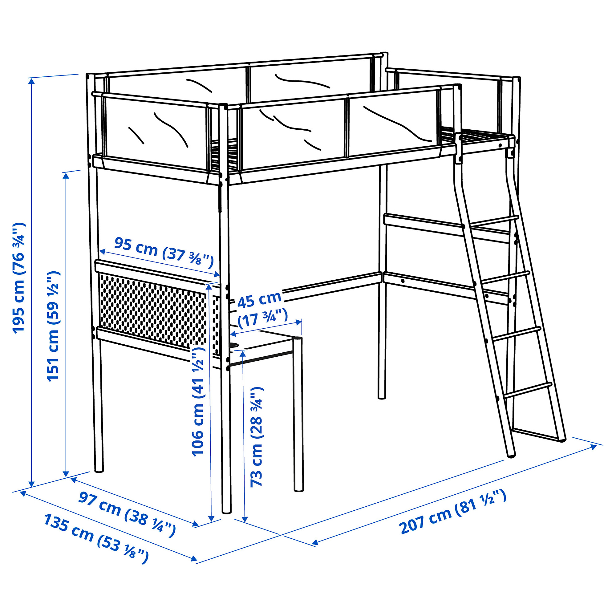 VITVAL loft bed frame with desk top