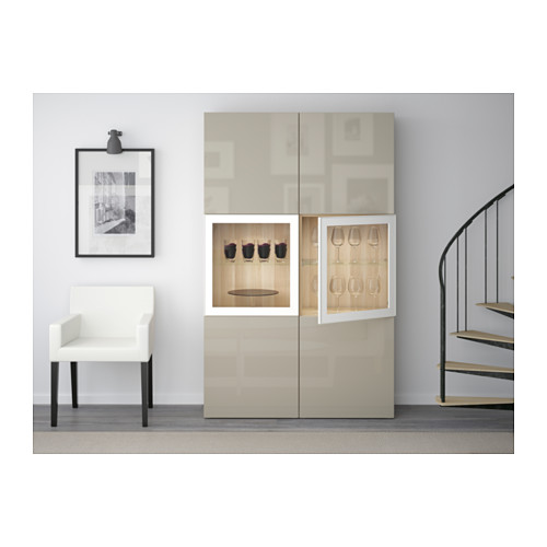 BESTÅ - storage combination w glass doors, white stained oak effect/Selsviken high-gloss/beige clear glass | IKEA Taiwan Online - PE537056_S4