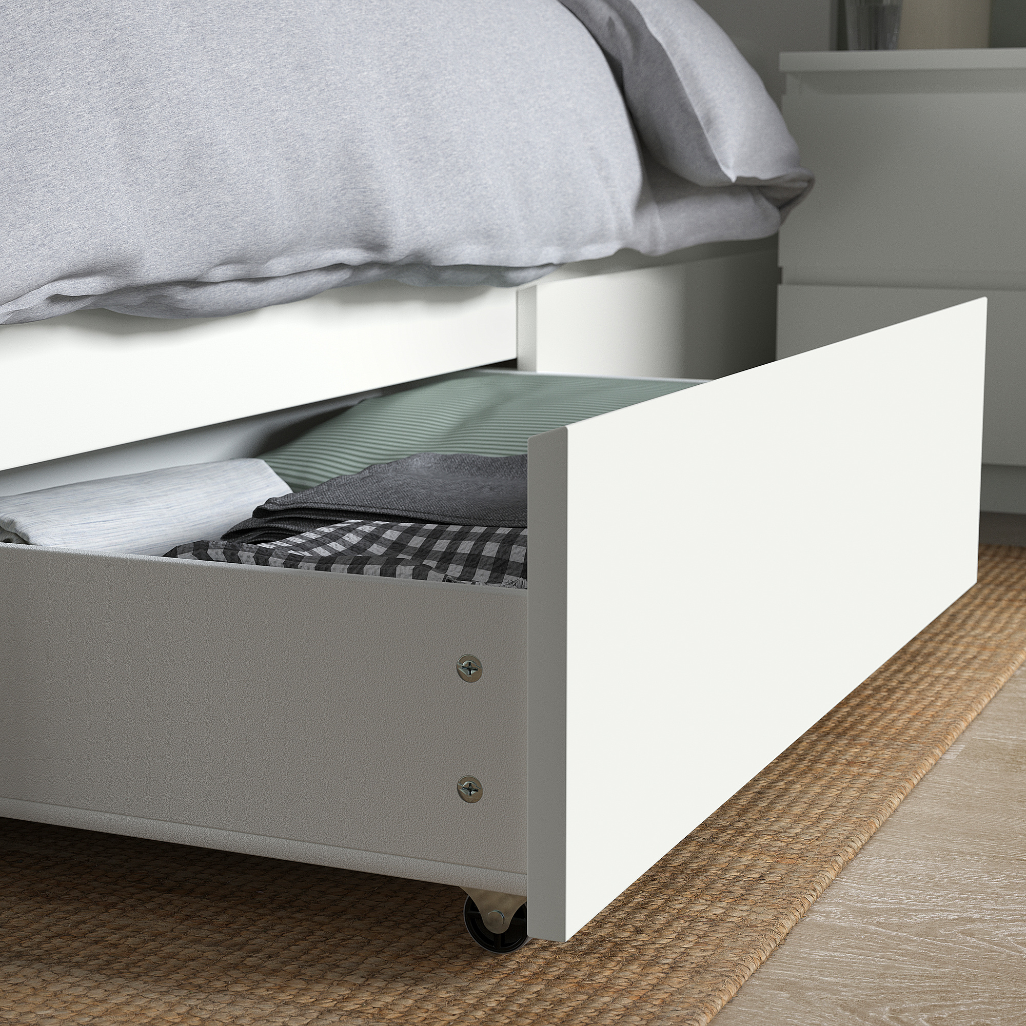 MALM bed frame, high, w 2 storage boxes