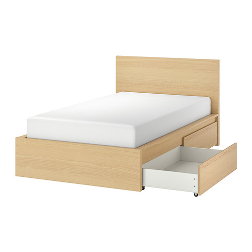 MALM bed frame, high, w 2 storage boxes