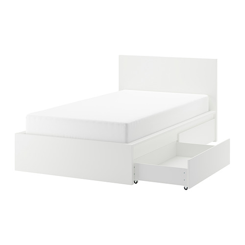 MALM bed frame, high, w 2 storage boxes