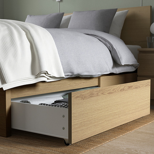 MALM bed frame, high, w 2 storage boxes