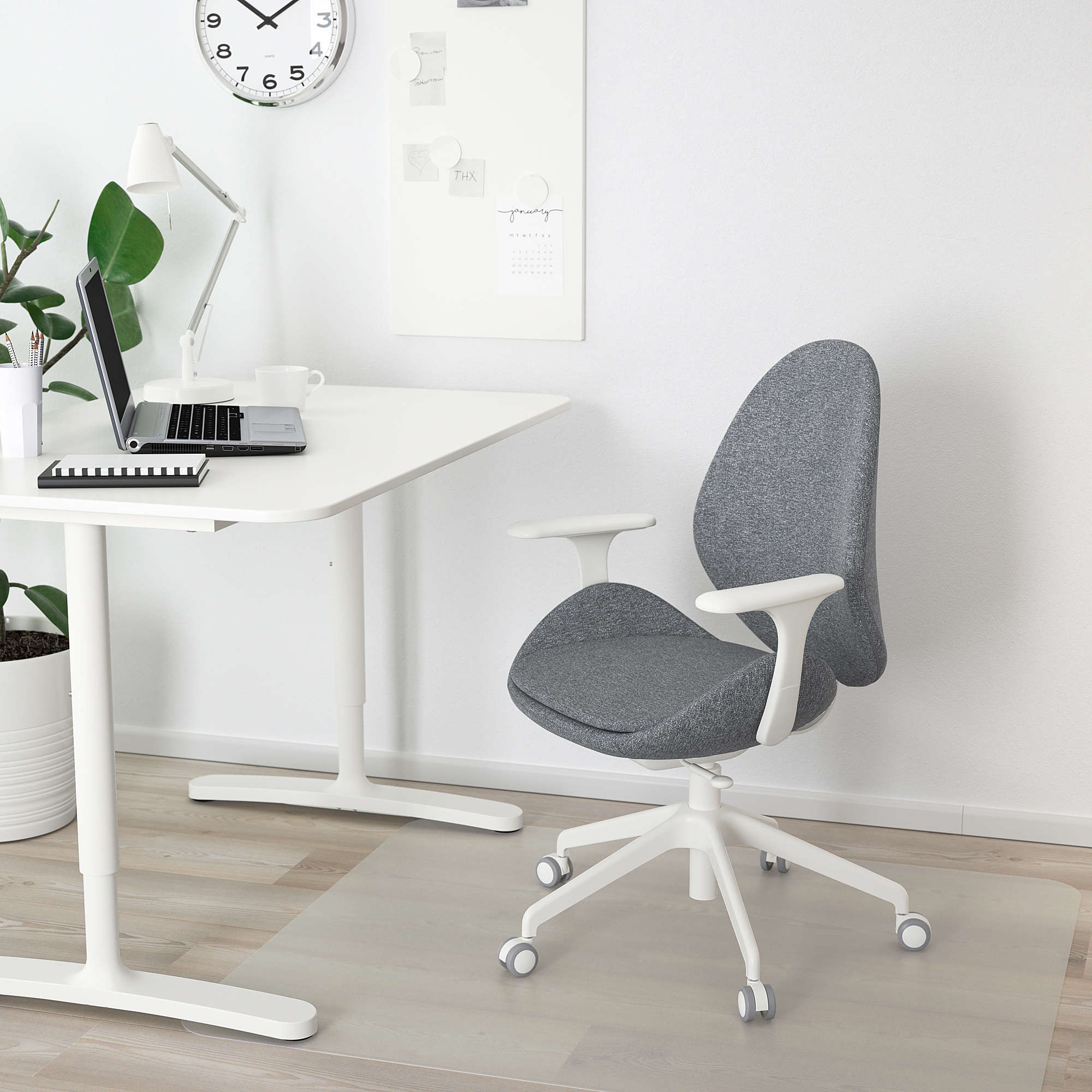 HATTEFJÄLL office chair with armrests, Gunnared medium grey/white