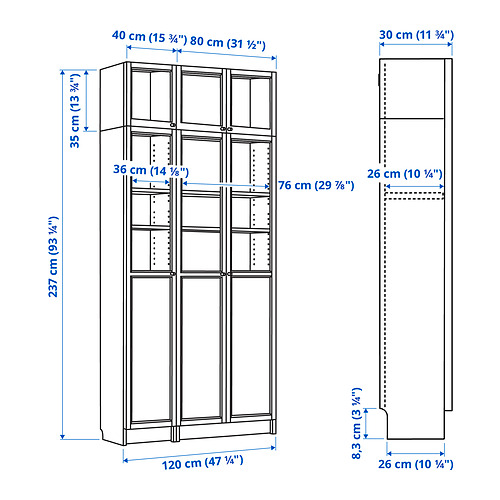 BILLY/OXBERG bookcase w hght ext ut/pnl/glss drs