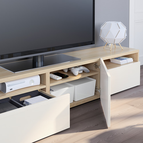 BESTÅ - TV bench, white stained oak effect/Selsviken high-gloss/white | IKEA Taiwan Online - PE751055_S4