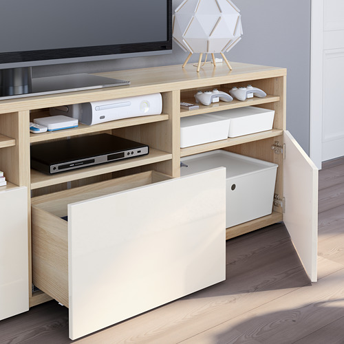 BESTÅ - TV storage combination/glass doors, white stained oak effect/Selsviken high-gloss/white frosted glass | IKEA Taiwan Online - PE751070_S4