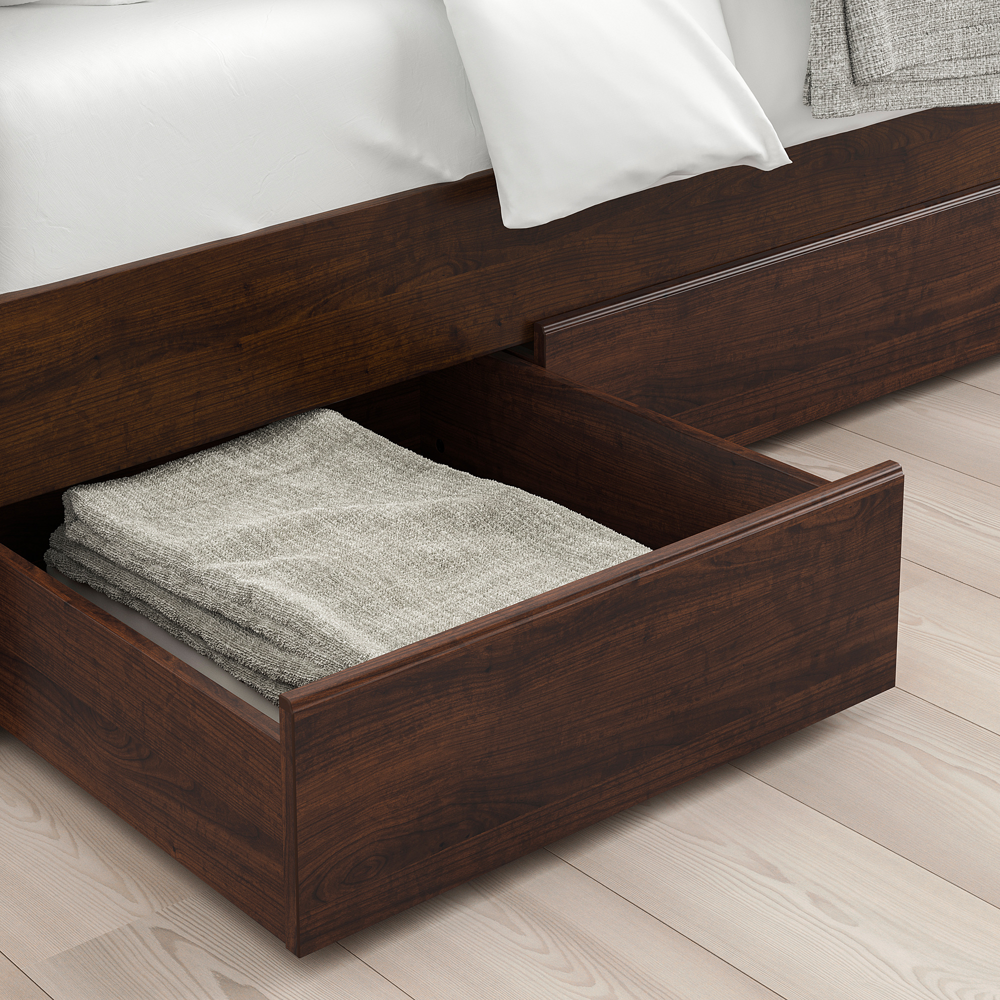 SONGESAND - bed frame with 2 storage boxes, brown/Lönset SONGESAND - bed frame with 2 storage boxes, brown/Lönset