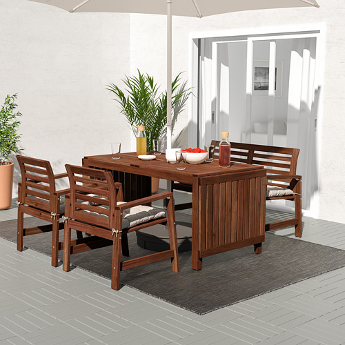 ÄPPLARÖ - table+2 chrsw armr+ bench, outdoor, brown stained/Kuddarna grey | IKEA Taiwan Online - PE713967_S4
