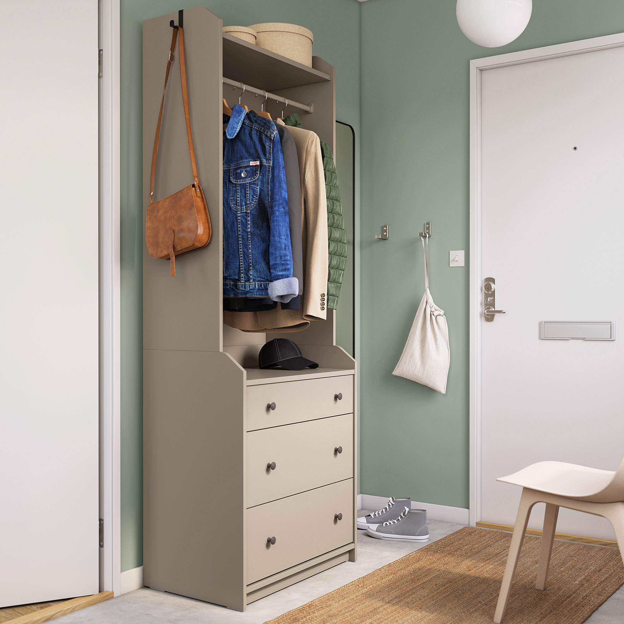 HAUGA open wardrobe with 3 drawers