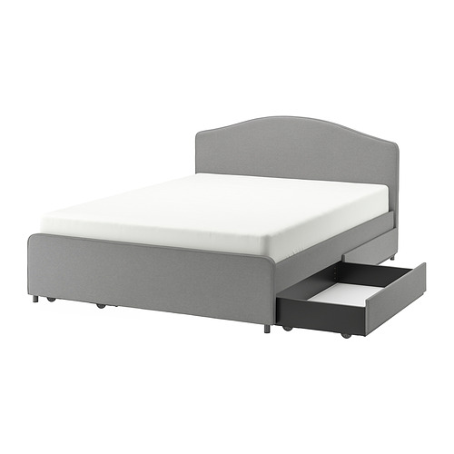 HAUGA upholstered bed, 4 storage boxes